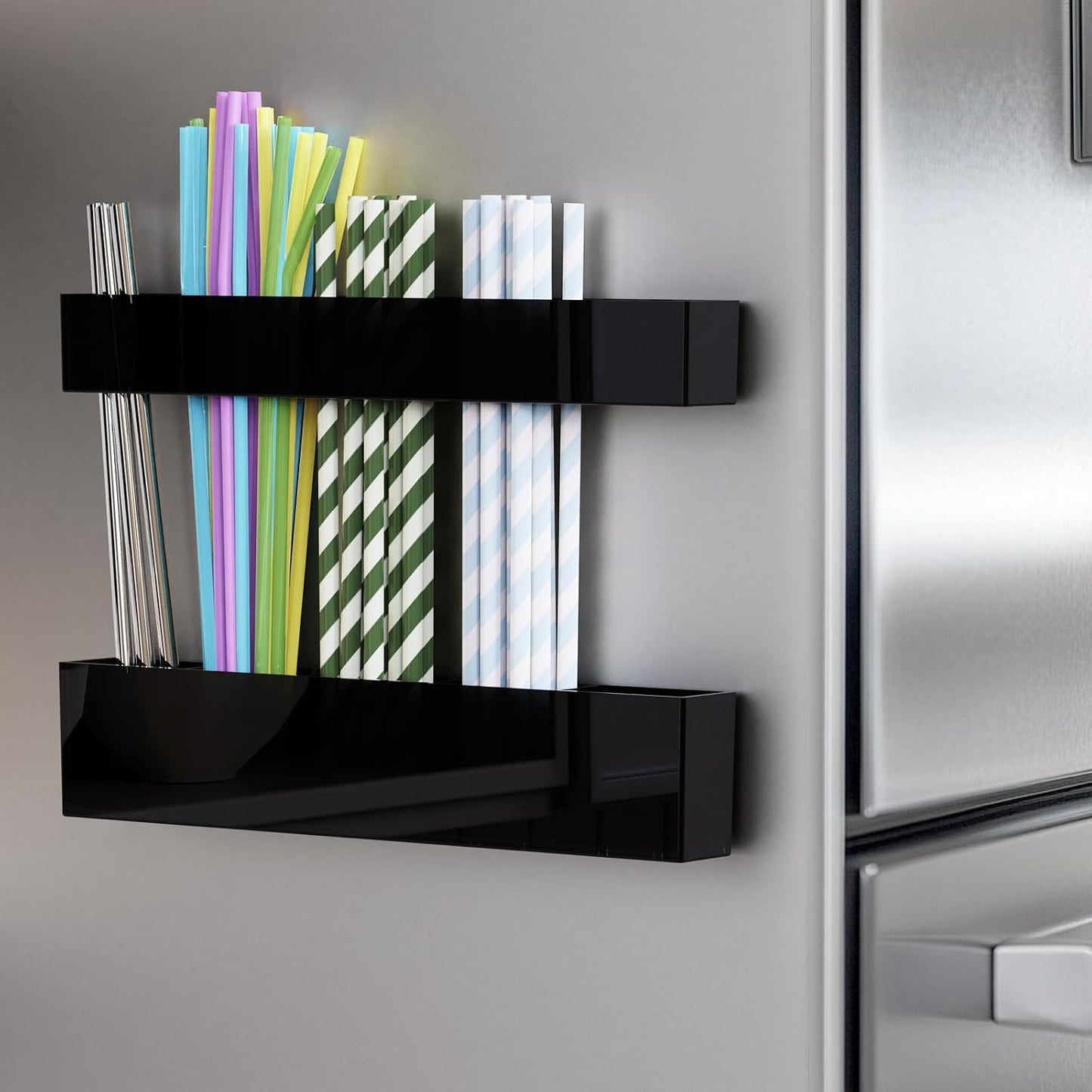 Upgraded 9.5'' Large Acrylic Straw Holder for Cabinet Door, Adjustable Space-Saving Straw Organizer Storage Dispenser for Cabinet with Ultra Sticky Adhesive Strips, 2-Part Rack, Drainage Holes