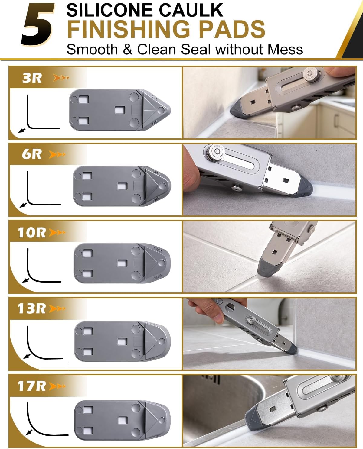 Matework 6 in 1 Caulking Tool, Stainless Steel Caulk Remover - 5 Pads | Multi-Function Grout Removal Tool Kit, Smooth & Sealant Finishing Multi-Tools, for Bathroom, Shower, Kitchen, Window, Sink