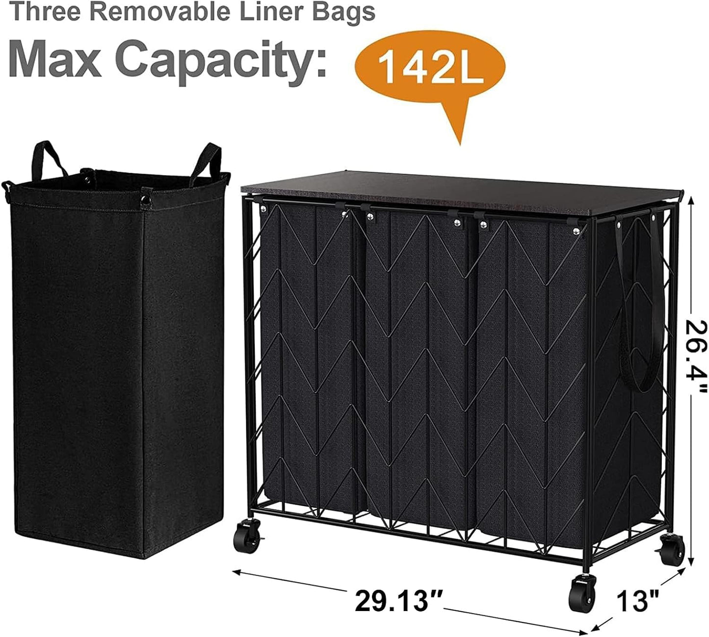 WOWLIVE Laundry Hamper 3 Section with Lid, 142L Laundry Basket with Wheels | Rolling Dirty Clothes Hamper with Removable Bags, Large Iron-Made Laundry Basket Organizer Laundry Sorter for Dorm, Beige