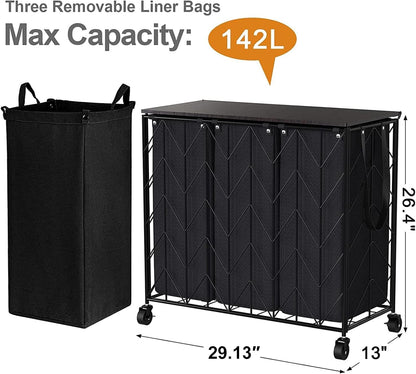 WOWLIVE Laundry Hamper 3 Section with Lid, 142L Laundry Basket with Wheels | Rolling Dirty Clothes Hamper with Removable Bags, Large Iron-Made Laundry Basket Organizer Laundry Sorter for Dorm, Beige
