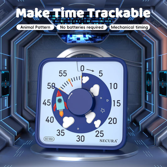 Secura 60-Minute Visual Countdown Timer, 7.5-Inch Oversize Classroom Visual Timer for Kids and Adults, Durable Mechanical Kitchen Timer Clock with Magnetic Backing (Dark Blue)