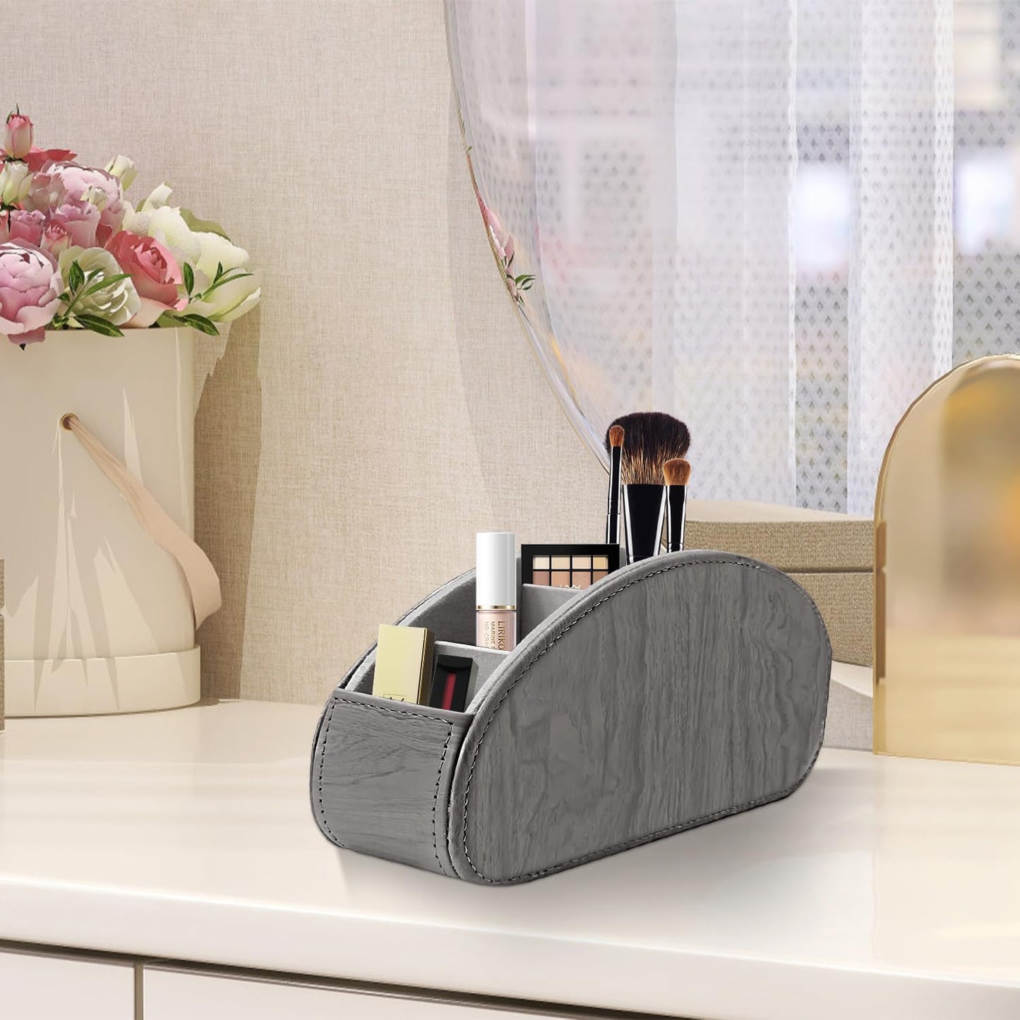 Pu Leather TV Remote Control Holder with 5 Compartments,Remote Caddy/Tray | Bedside Table Desk Storage Box/Organizer for Pen,DVD,Blu-Ray,Media Player,Heater Controller,Cosmetics,Glasses,Office Supplies