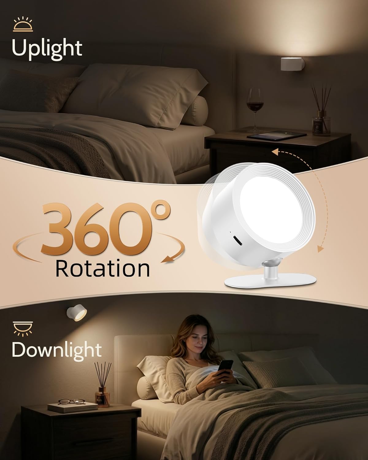 LED Wall Mounted Lights, Rechargeable Wall Sconces, 3 Color Temps, Remote & Touch, 360° Rotating and Dimmable for Bedroom, Bedside & Reading (Black, 2 Pack)