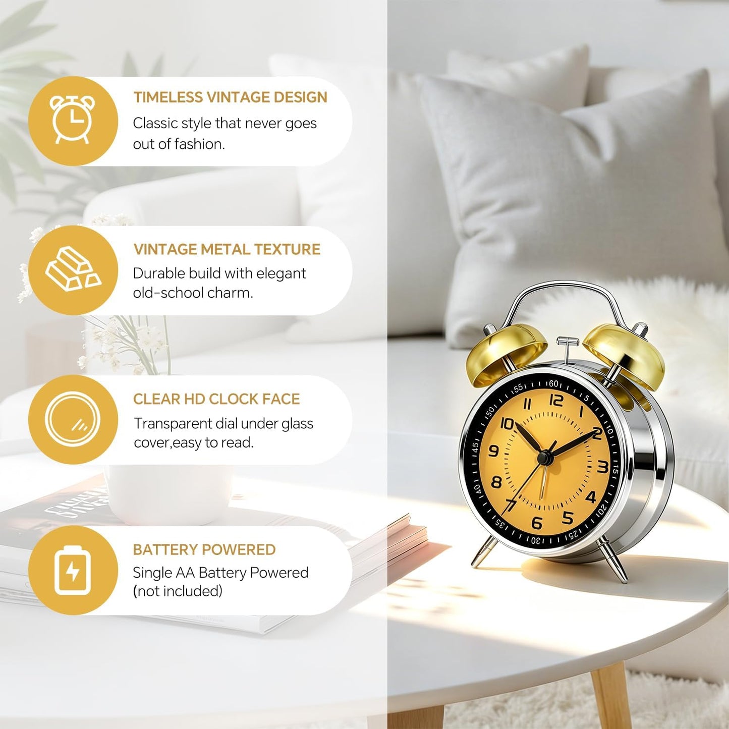 4.5" Metal Loud Alarm Clock for Heavy Sleepers Adults, Analog Battery Operated Alarm Clock with Bells Glow in Dark Numbers, Silent Old School Bedside Desk Clock for Bedroom Office Kids, Black