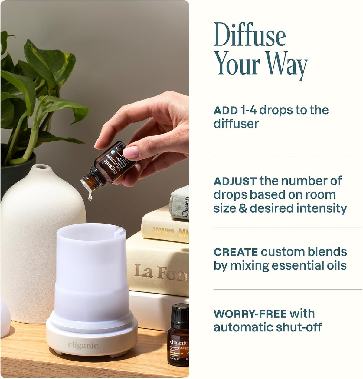 Cliganic Ceramic Essential Oil Diffuser, 100ml Cool Mist Humidifier, White