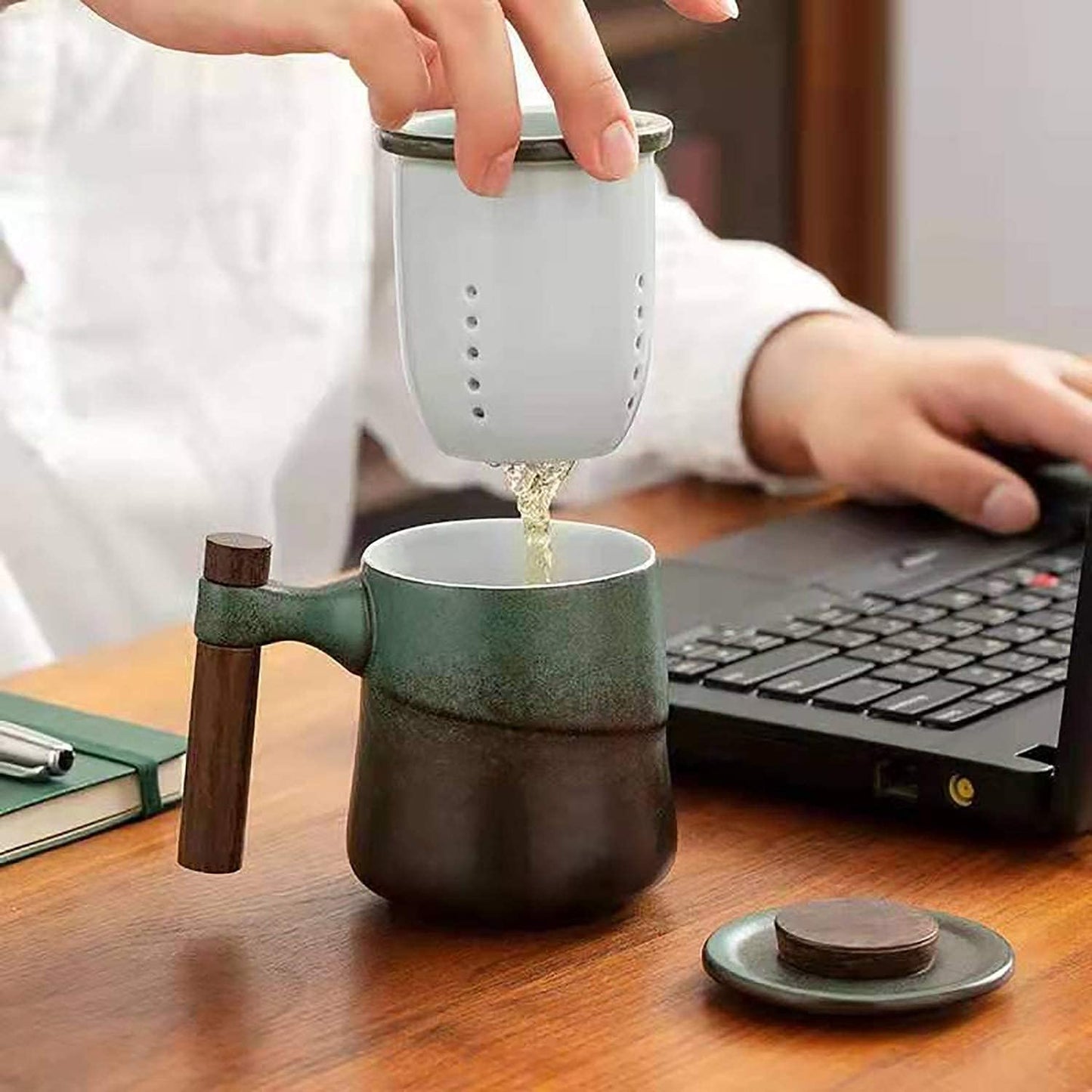 Tea Cup with Infuser and Lid, Rural style Wood Handle Ceramic Mugs Green | Tea Mug Cups with Infuser, Capacity about 320ml / 10.82 OZ, Suitable for Tea, Flower Buds, Coffee, Water, it is LEAD-FREE
