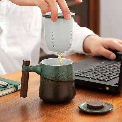 Tea Cup with Infuser and Lid, Rural style Wood Handle Ceramic Mugs Green | Tea Mug Cups with Infuser, Capacity about 320ml / 10.82 OZ, Suitable for Tea, Flower Buds, Coffee, Water, it is LEAD-FREE