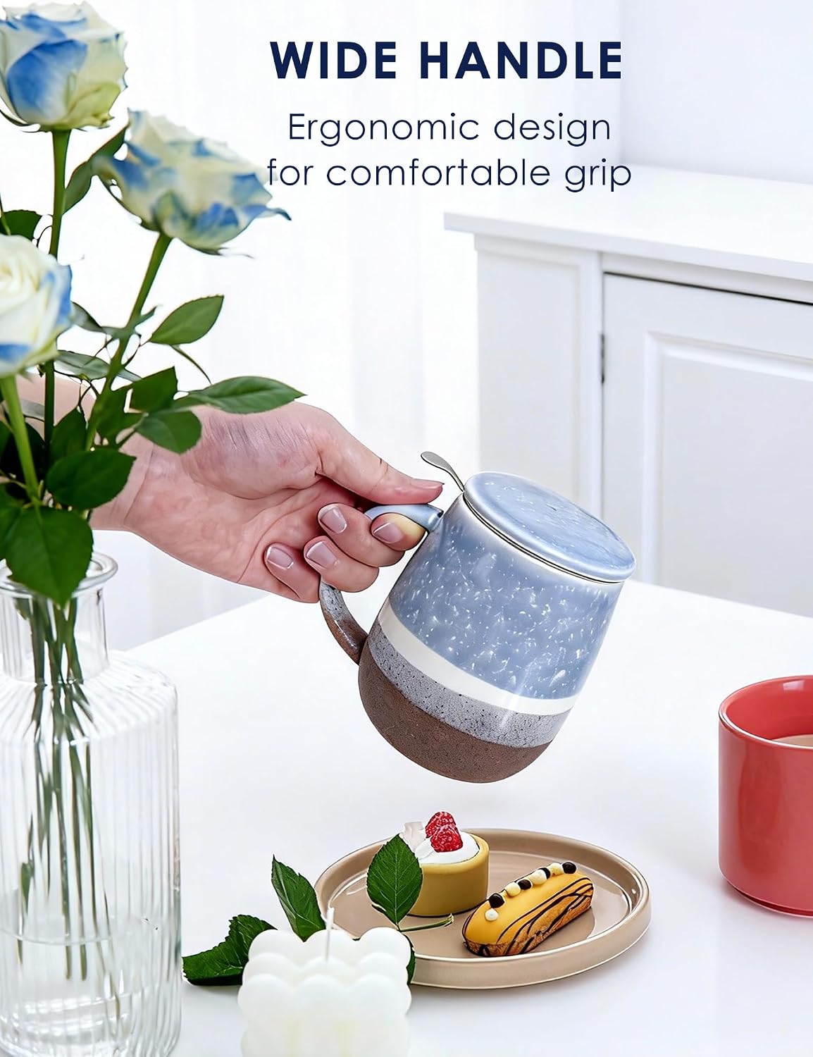 SISETOP 13.5 OZ Large Tea Cup with Infuser and Lid, Reactive Glaze Tea Infuser Mug, Ceramic Loose Leaf Teacup for Brewing, Microwave & Dishwasher Safe, Pale Blue