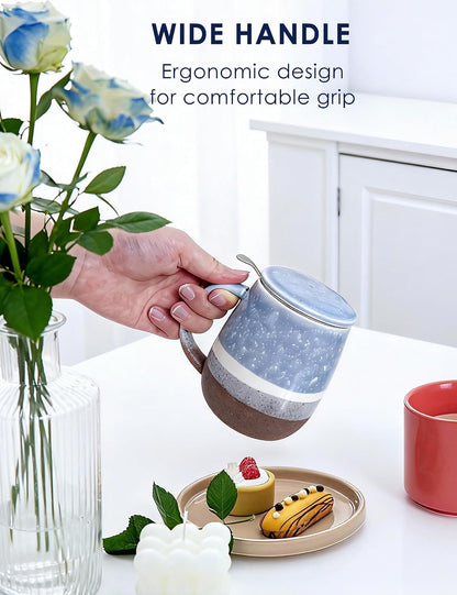 SISETOP 13.5 OZ Large Tea Cup with Infuser and Lid, Reactive Glaze Tea Infuser Mug, Ceramic Loose Leaf Teacup for Brewing, Microwave & Dishwasher Safe, Pale Blue