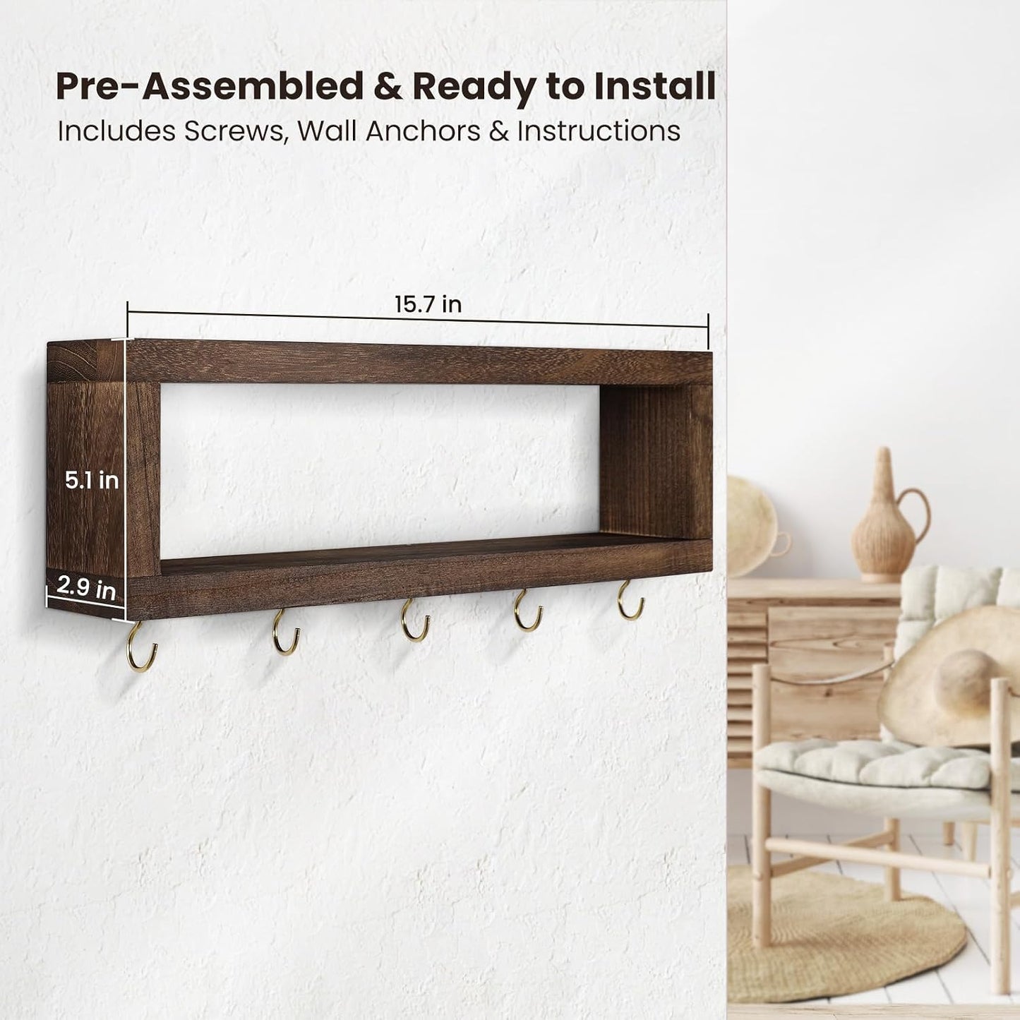 Lwenki Wall Shelf with Hooks - Decorative Key and Wallet Holder for Wall Holds Sunglasses, Leashes, Scarves and Lanyards - 15.7" x 5.1" x 2.9" Entryway Organizer Made of Paulownia Wood (White)