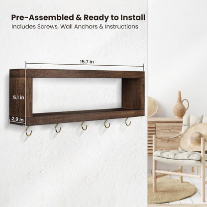 Lwenki Wall Shelf with Hooks - Decorative Key and Wallet Holder for Wall Holds Sunglasses, Leashes, Scarves and Lanyards - 15.7" x 5.1" x 2.9" Entryway Organizer Made of Paulownia Wood (White)