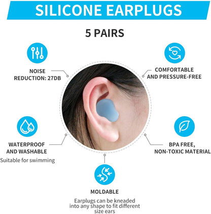 LYSIAN Moldable Silicone Ear Plugs for Sleep and Swim, 5 Pairs, Blue