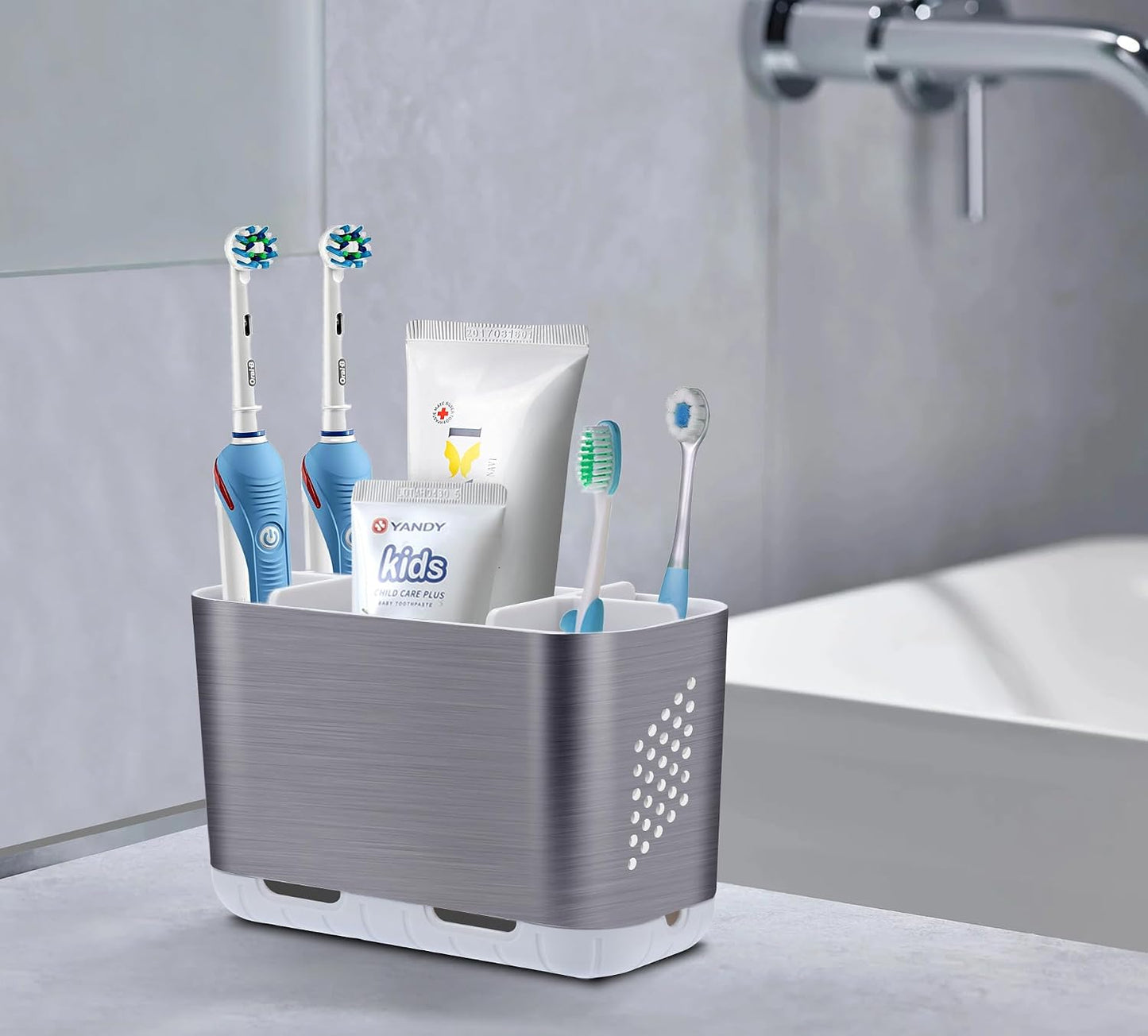 Toothbrush Holders for Bathrooms, Electric Toothbrush and Toothpaste Holder with Adjustable Dividers and Drainage, Kids Toothbrush Organizer for Bathroom Countertop | 5 Slots Toothbrush Organizer with Adjustable Dividers and Drainage, for Bathroom