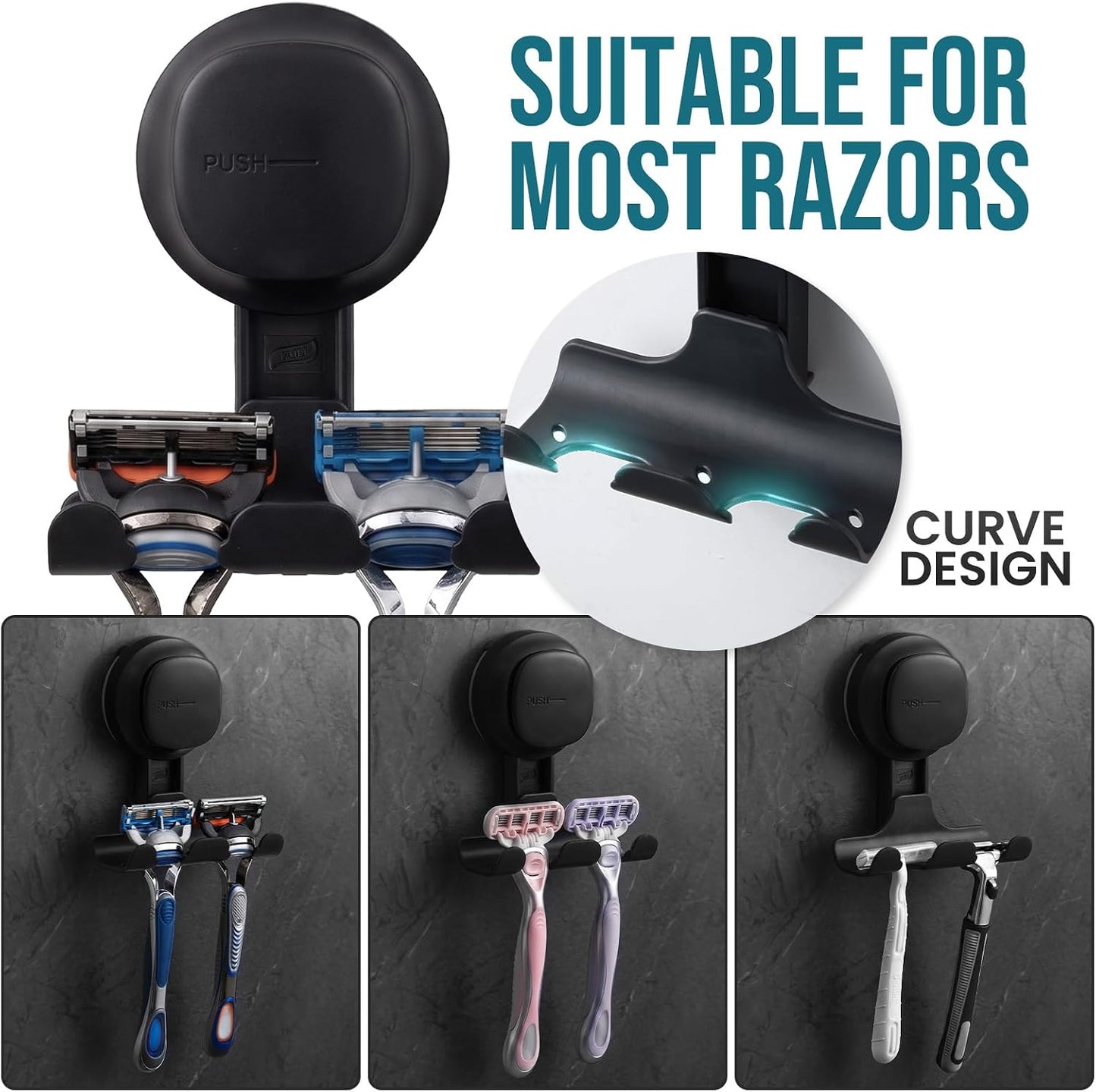 TAILI 2 Pack Upgraded Suction Cup Razor Holder for Shower Waterproof, Black | Visible Safety Indicator, Rust-Resistant Bathroom Organizer, No-Drill Glass Shower Wall Hook for Towel,Loofah,Razor,Squeegee