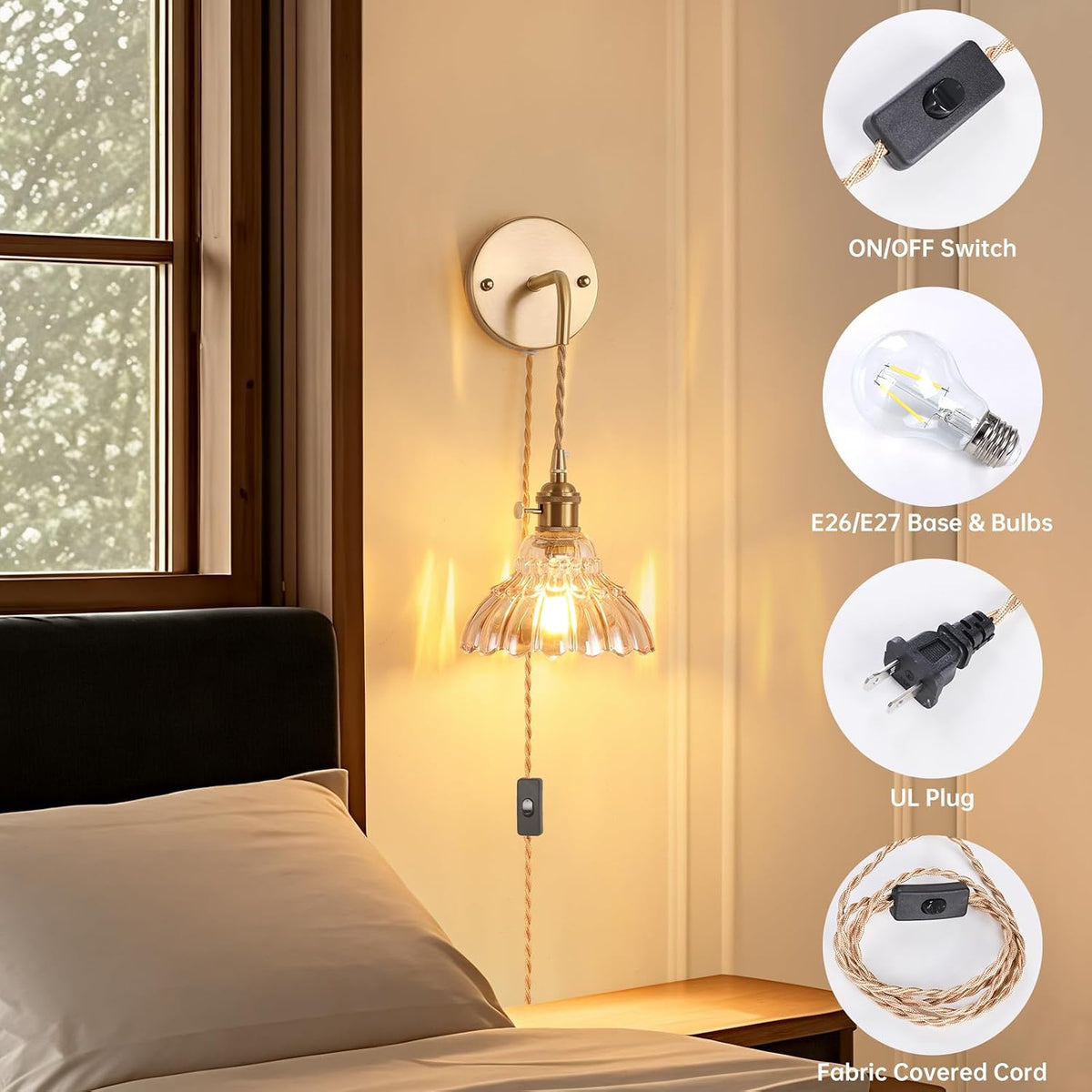 Shenmoyl Battery Operated Wall Sconce Wall Lamp with Green Lily of the Valley Shade Pattern Glass Adjustable Chain Retro Gold Wall Mounted Light, Modern Wall Lamp Fixtures Decor for Bedside Bedroom