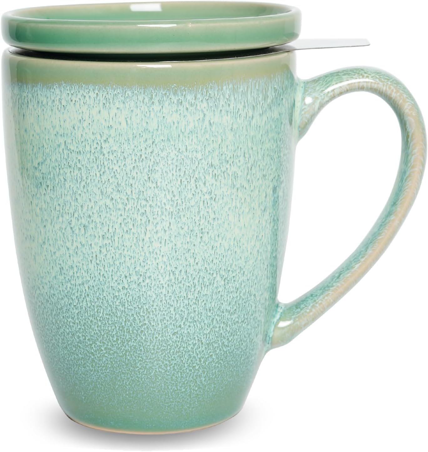 Bosmarlin Ceramic Tea Cup with Infuser and Lid, 13.5 Oz, Loose Leaf Tea Steeper Mug with Strainer, Microwave and Dishwasher Safe, Reactive Glaze (13.5 Oz, Pale Green)