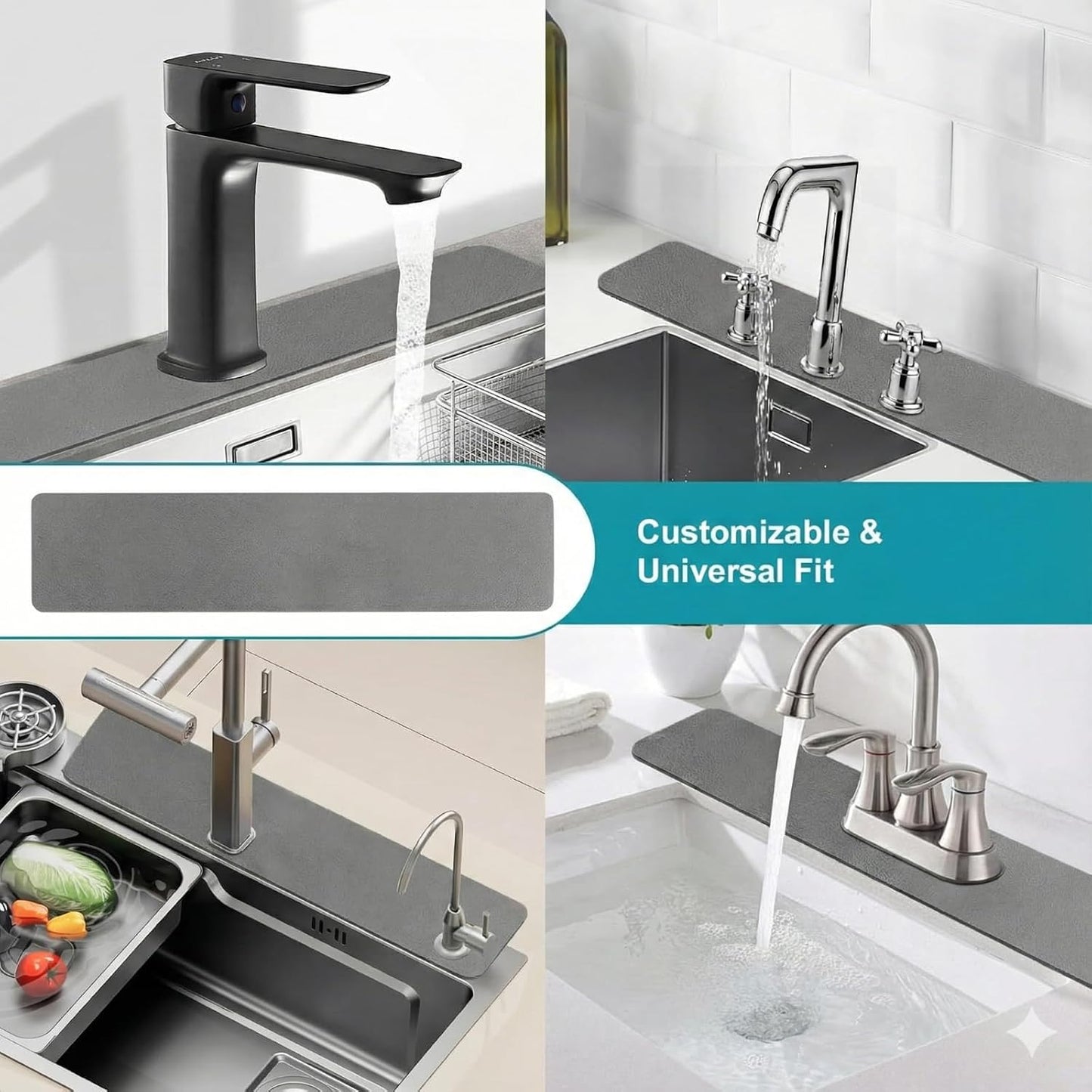 Customizable Kitchen Sink Faucet Mat: 30"Lx5.5"W Absorbent Splash Guard | Non-slip Fabric Rubber Mat, Cut to Fit Oval Rectangle Square Faucet & 2,3,4 Holes Irregular Sink with Soap Dispenser Air Gap