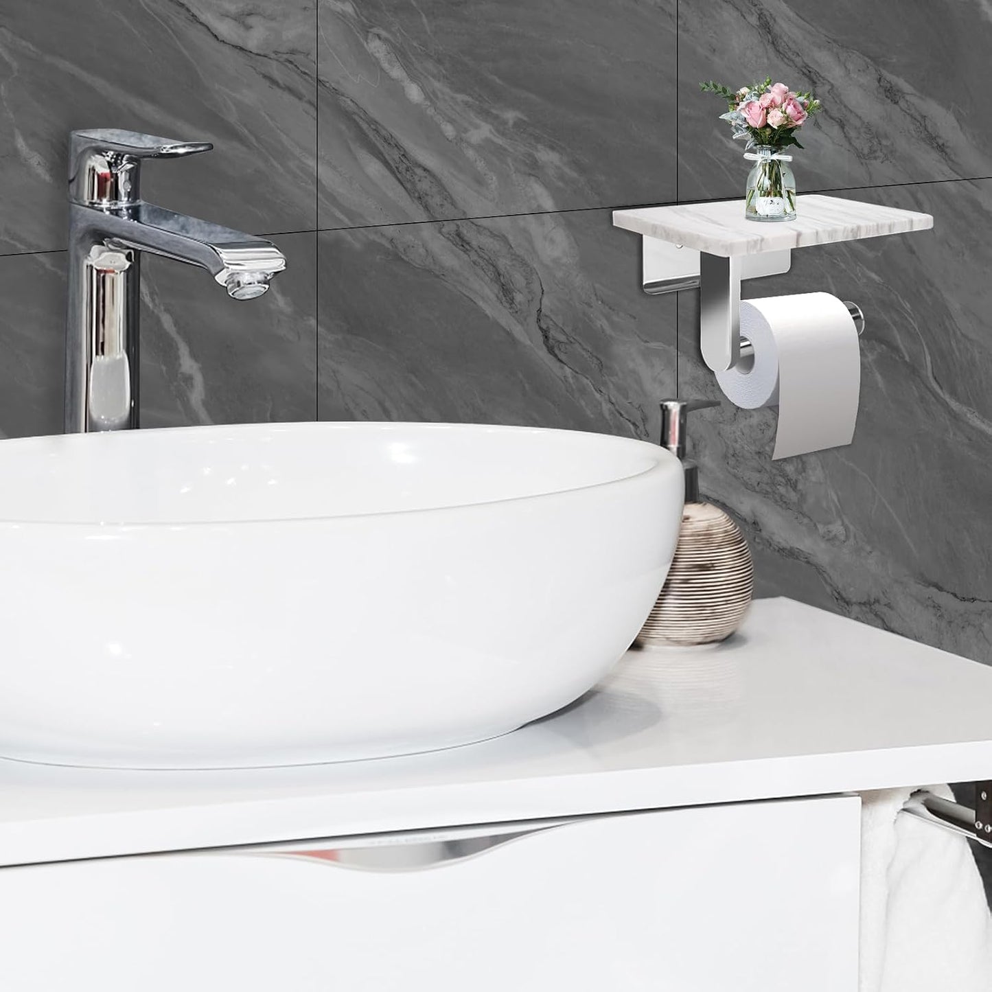 Toilet Paper Holder with Natural Marble Shelf for Bathroom Washroom,Wall Mounted Tissue Holder Suitable for Mega Roll (Brushed Nickel,Small 6.7 * 4.3 in)