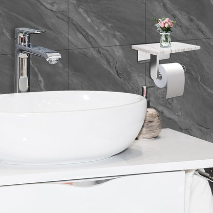Toilet Paper Holder with Natural Marble Shelf for Bathroom Washroom,Wall Mounted Tissue Holder Suitable for Mega Roll (Brushed Nickel,Small 6.7 * 4.3 in)