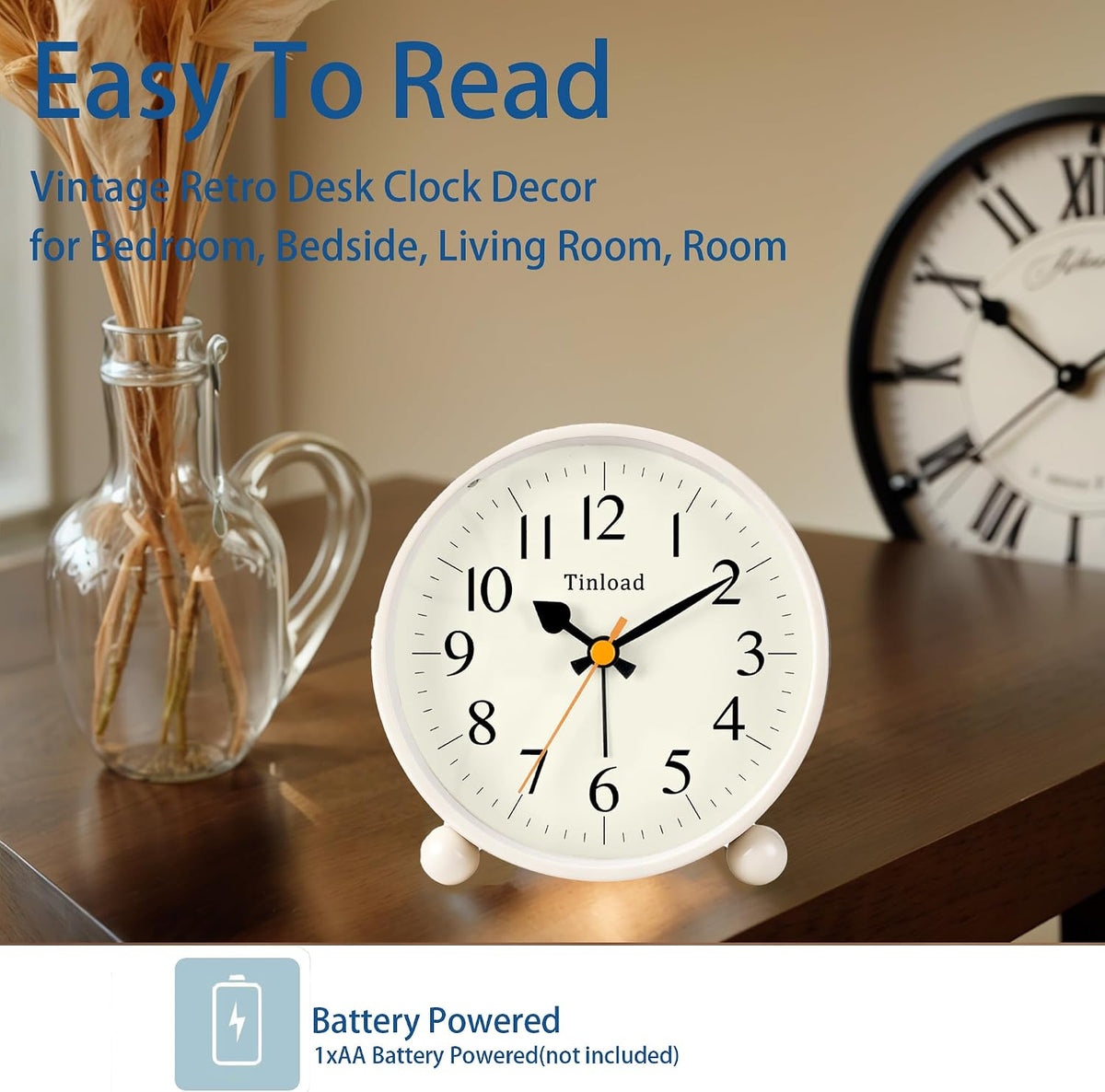 Tinload 4.5" Vintage Retro Analog Alarm Clock, Super Silent Non Ticking Small Clock with Manual Light, Snooze, Battery Operated, for Living Room, Bedroom, Bedside, Desk(Blue)