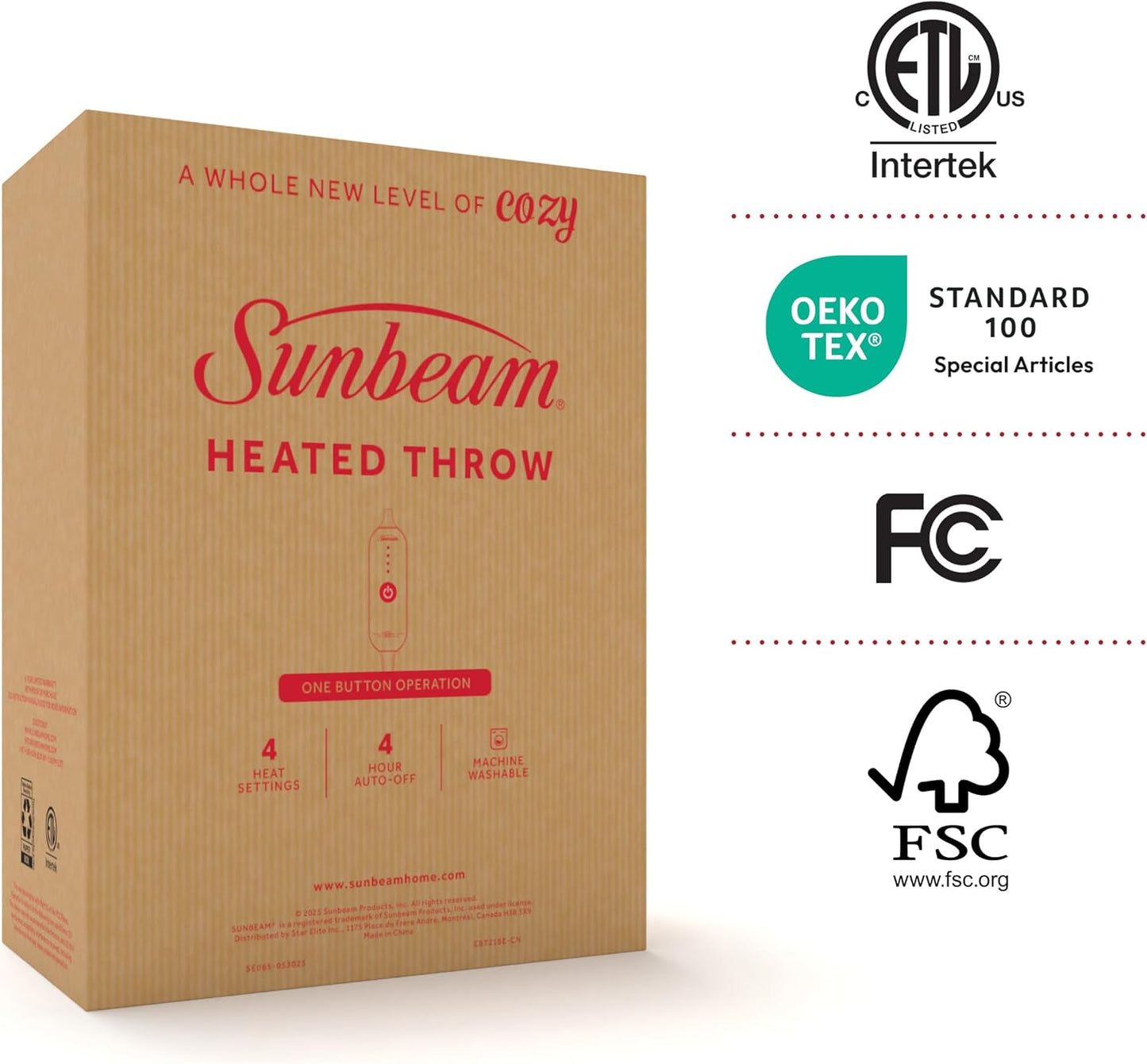 Sunbeam Electric Throw Royal Luxe Microplush Heated Blanket, 4 Heat Settings, 4-Hour Auto Shut-Off, Fast Heating, Warm and Cozy, Walnut Color, 50" x 60"