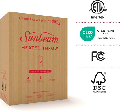 Sunbeam Electric Throw Royal Luxe Microplush Heated Blanket, 4 Heat Settings, 4-Hour Auto Shut-Off, Fast Heating, Warm and Cozy, Walnut Color, 50" x 60"