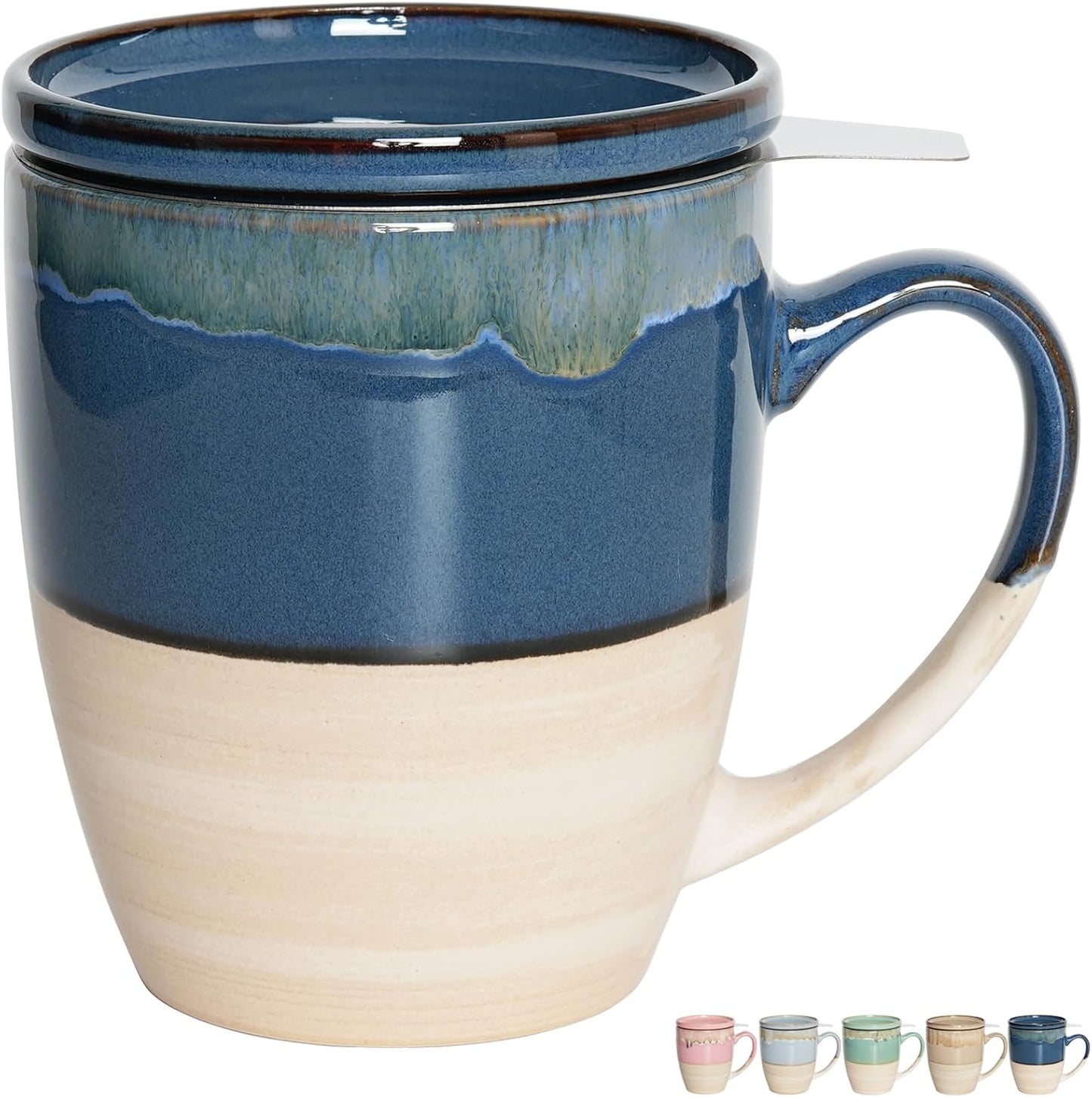 Bosmarlin Ceramic Tea Cup with Infuser and Lid, 16 Oz, Dishwasher and Microwave Safe, 5 Colors to Choose, Reactive Glaze, Steeping Tea Mug with Strainer (Green)
