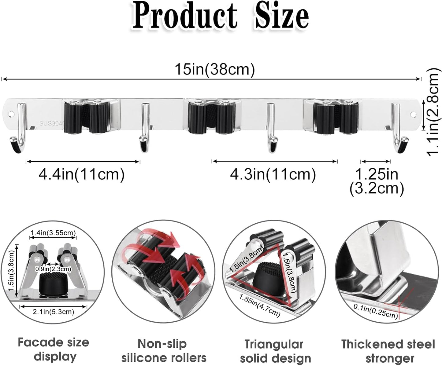 AceMining Broom Holder Wall Mount, 5 Racks 4 Hooks Heavy Duty Mop Organizer | Mop Holder Wall Mount and Broom Hanger for Garage, Laundry Room, Kitchen and Utility Storage