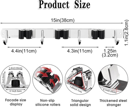 AceMining Broom Holder Wall Mount, 5 Racks 4 Hooks Heavy Duty Mop Organizer | Mop Holder Wall Mount and Broom Hanger for Garage, Laundry Room, Kitchen and Utility Storage