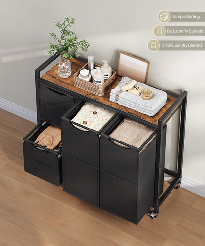 HOOBRO Laundry Sorter with 4 Section, 39 Gal. (147 L) Laundry Hamper with Wheels, Rolling Laundry Basket with Shelf, Pull-Out Detachable Bags, Side Pockets, Rustic Brown, Black and Beige BFE14XY01N1