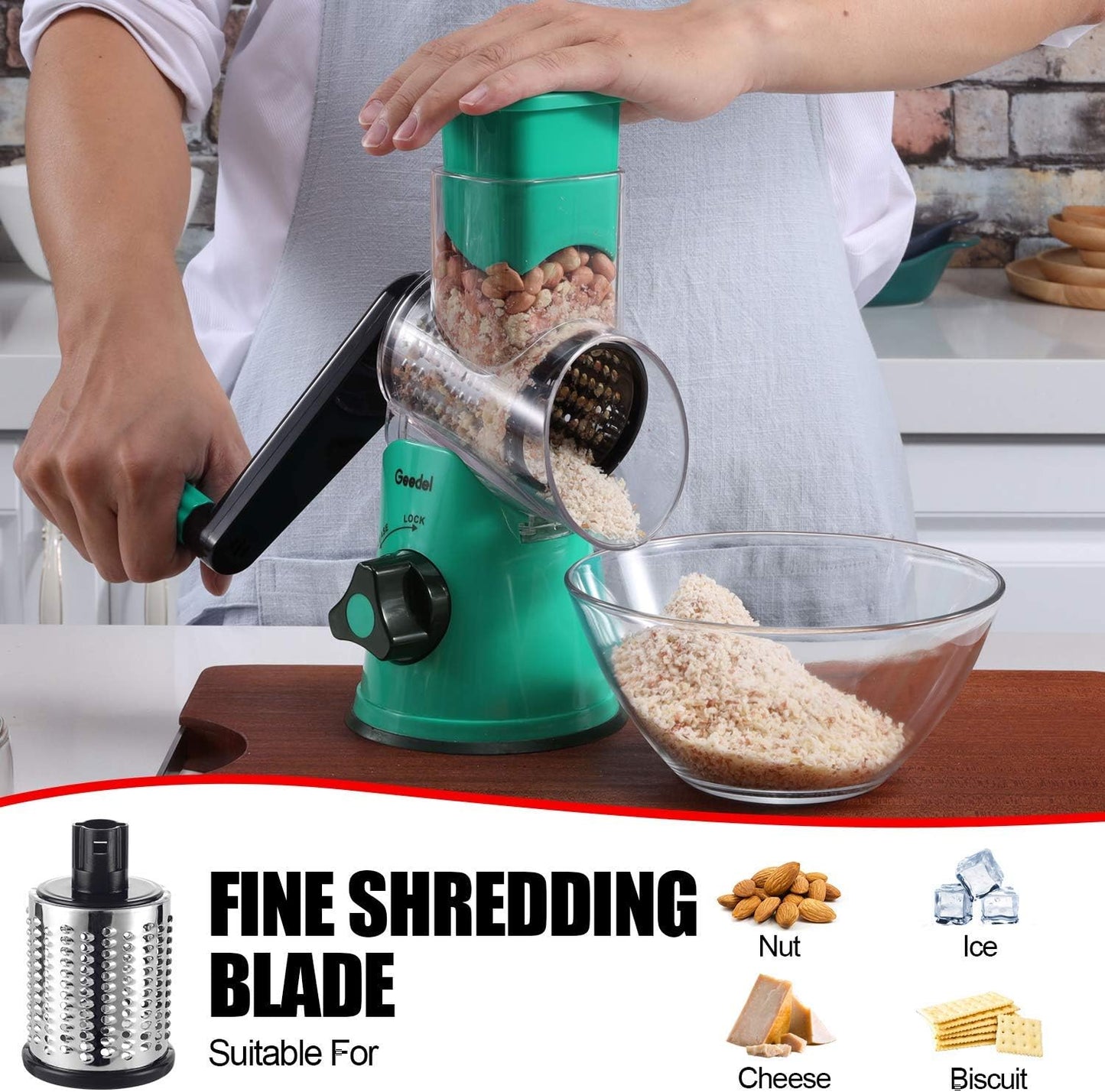 Geedel Rotary Cheese Grater, Kitchen Mandoline Vegetable Slicer with 3 Interchangeable Blades, Easy to Clean Rotary Grater Slicer for Fruit, Vegetables, Nuts | 3 Blades, 430 Stainless Steel, 12x Fast Cutting, Strong Suction Base, No BPA, Dishwasher Safe,