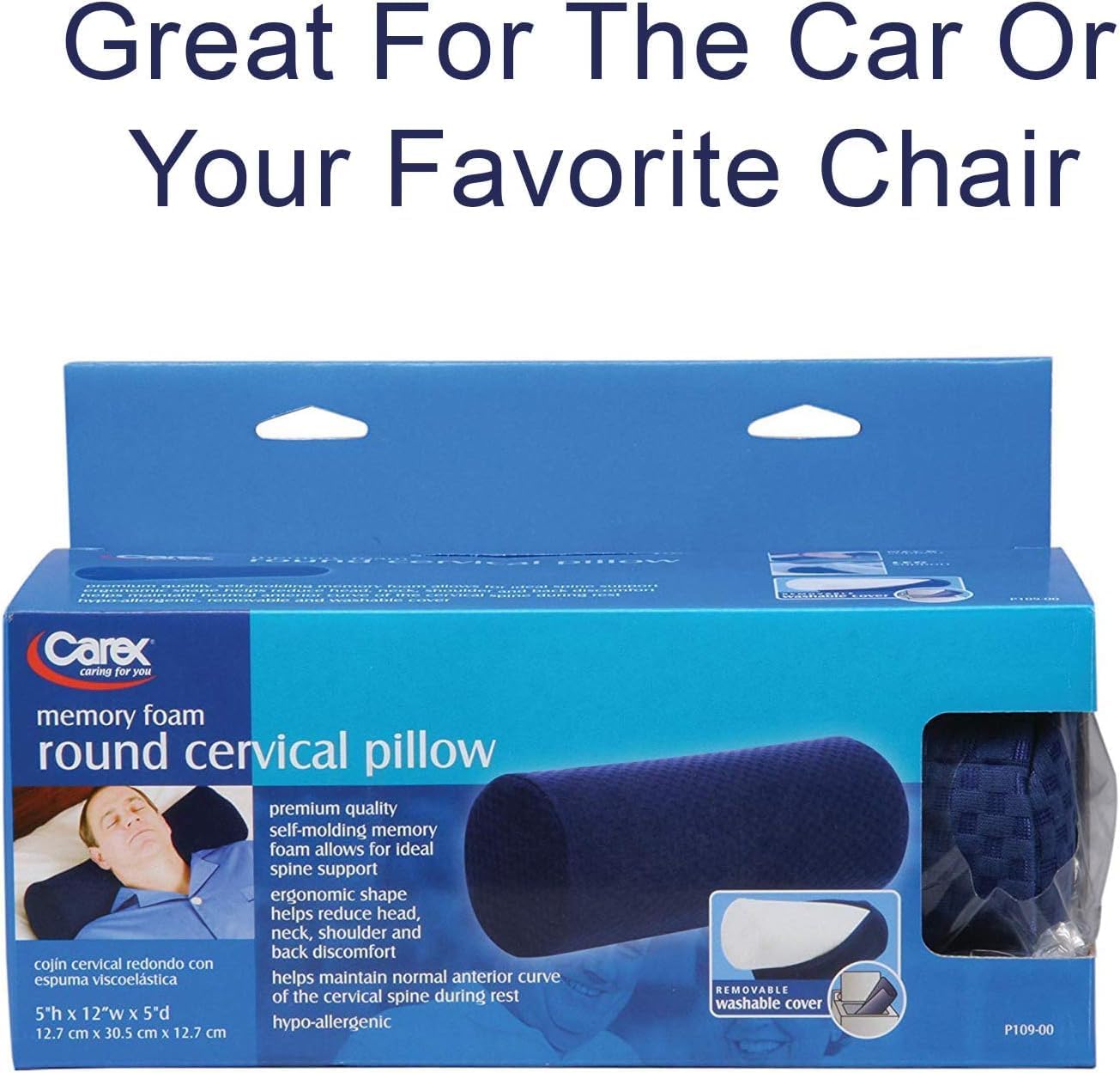 Carex Memory Foam Cervical Neck Pillow, Round - Contoured Design to Support Neck and Shoulders, Relieve Pain and Pressure, Neck Roll Pillow for Sleeping, Memory Foam