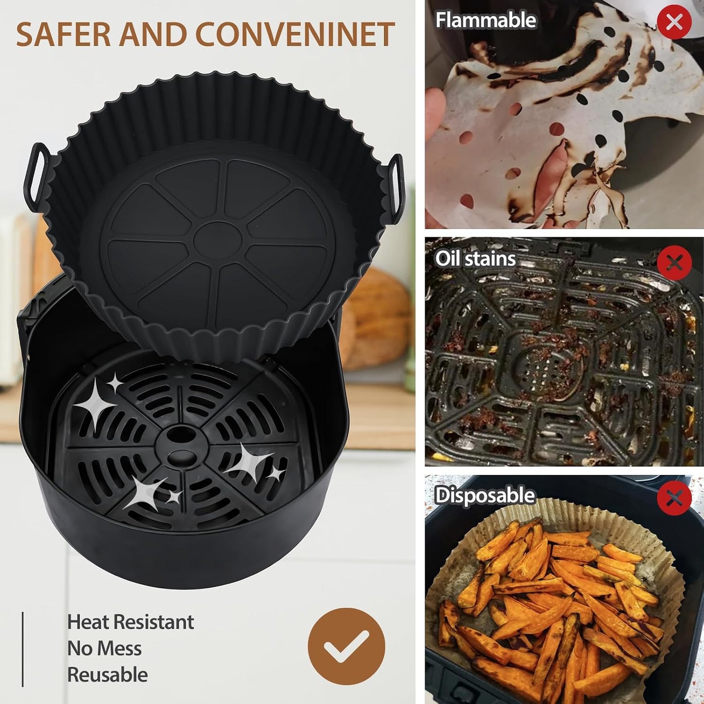 2 Pack Air Fryer Silicone Liners for Ninja, Reusable Silicone Bowl Basket Fit for 3 to 5QT Air Fryer, Replacement of Flammable Parchment Paper, Baking Tray Oven Accessories (Top 8in, Bottom 6.8in)