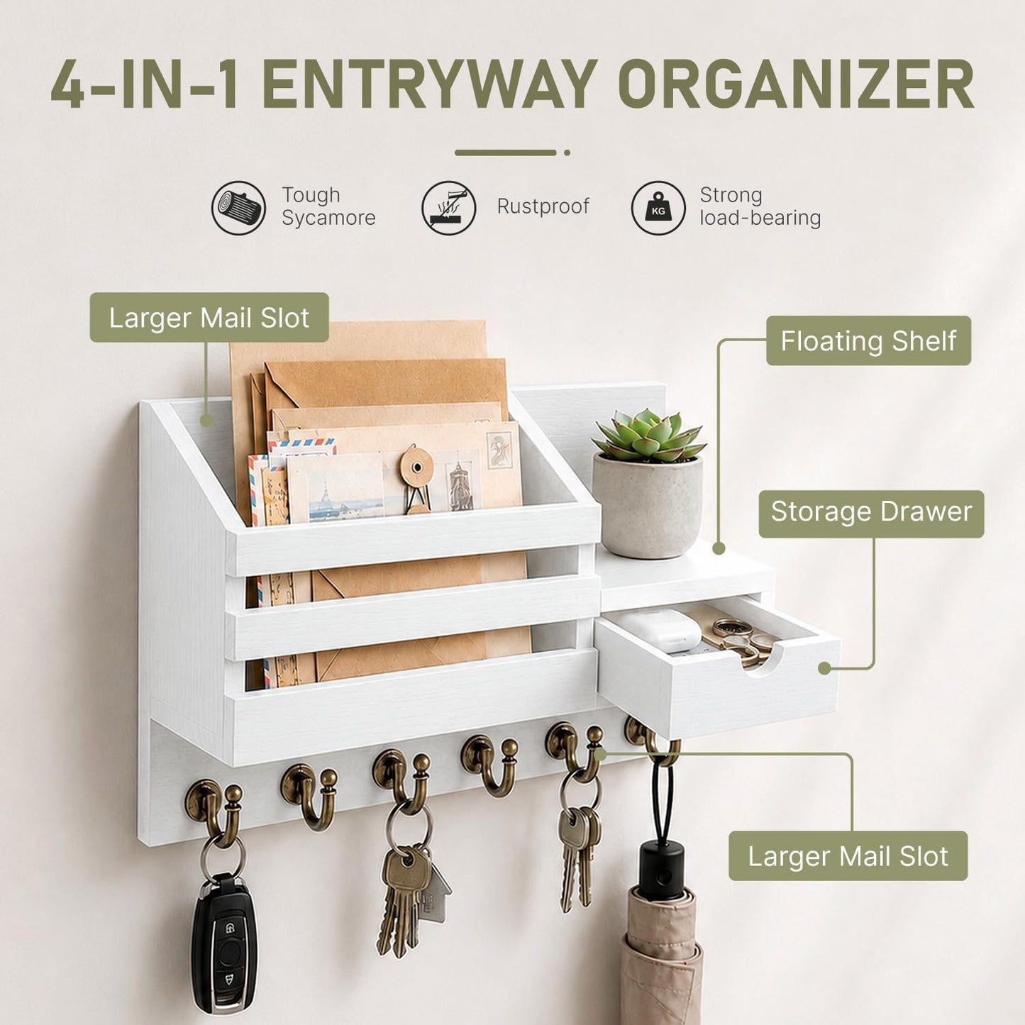 FifthQuarter Key and Mail Holder Wall Mount with Drawer and 6 Sturdy Hooks | Cute Rustic Farmhouse Wooden Key Hanger, Reliable Entryway Organizer for Keys and Daily Essential, Easy Installation, A-White