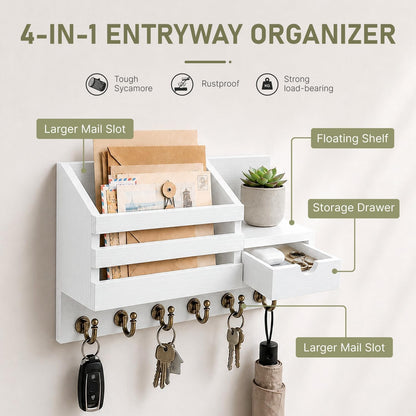 FifthQuarter Key and Mail Holder Wall Mount with Drawer and 6 Sturdy Hooks | Cute Rustic Farmhouse Wooden Key Hanger, Reliable Entryway Organizer for Keys and Daily Essential, Easy Installation, A-White