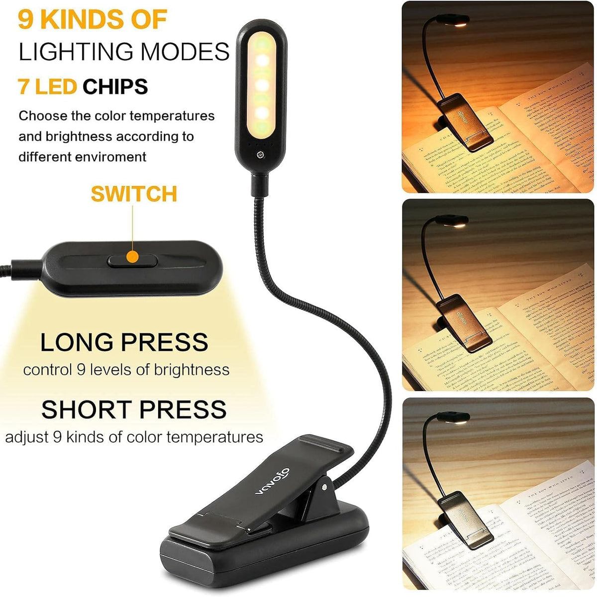 VAVOFO Rechargeable Reading Light, Clip on Book Light for Reading in Bed
