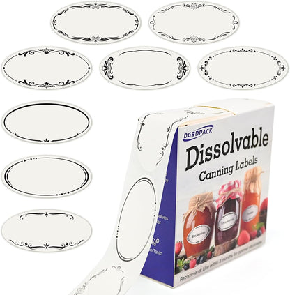 DGBDPACK Water Soluble Canning Labels, 1 x 2 1/8 in for Mason Jars 200 Pack | 200 stickers with 8 decorative designs, fully dissolvable in water, pickles, mason jars.