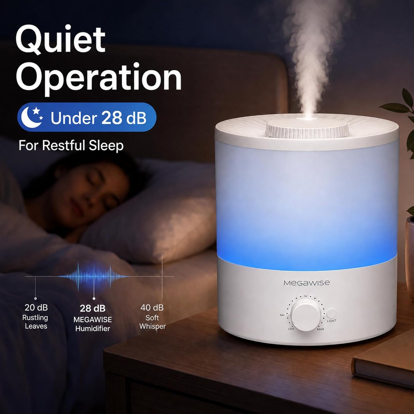 MEGAWISE 3.5L Cool Mist Humidifier – Ultra-Quiet Ultrasonic Vaporizer with Top-Fill Design, Essential Oil Diffuser, 7-Color Night Light & Auto Shut-Off