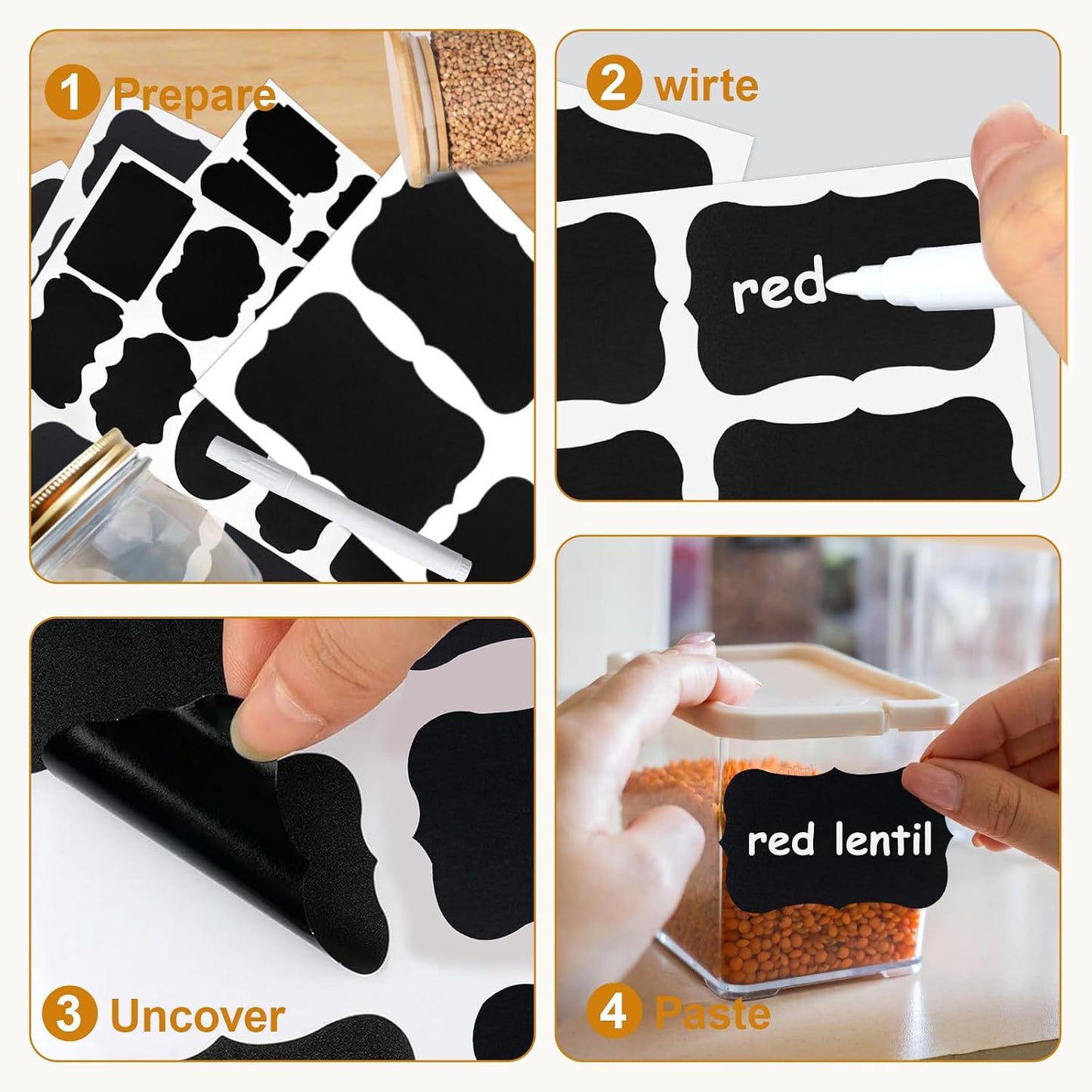 200PCS Chalkboard Labels, 13 Shapes & 3 Sizes, Reusable Blackboard Stickers | Includes 1 Liquid Chalk Marker, for Pantry Jars, Food Containers, Spice Racks & Organization