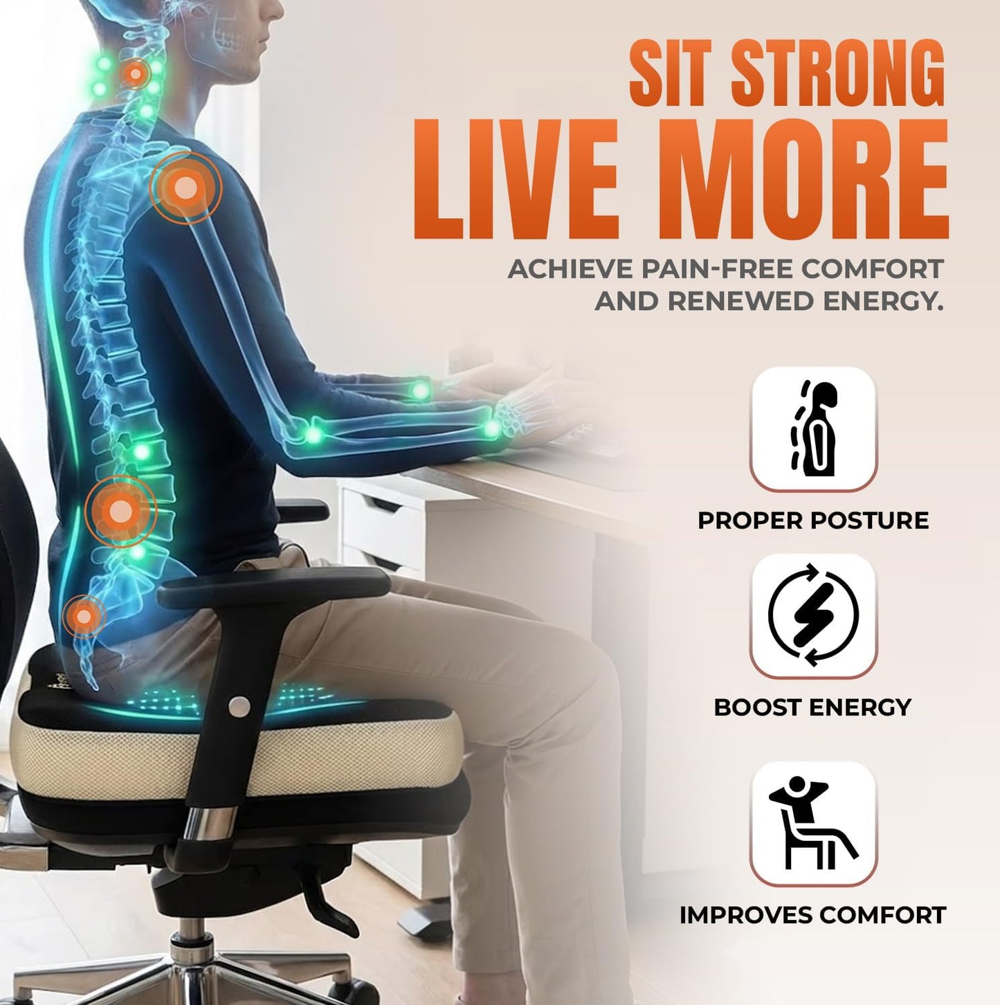 Patented 55D Orthopedic Memory Foam Seat Cushion – Ergonomic Office Chair & Car Seat Cushion, Contoured Coccyx Pillow for Tailbone, Hip & Lower Back Comfort – Ideal for Home, Driving & Long Sitting