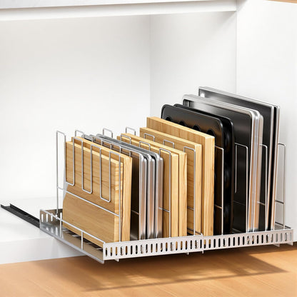 Housolution Pull Out Baking Tray and Cookie Sheet Cutting Board Organizer | 13"-22" Expandable, 21.5" Deep, 8 Adjustable Dividers, Sliding Rail Design, Sturdy Metal Structure, Adhesive/Screw Fixing