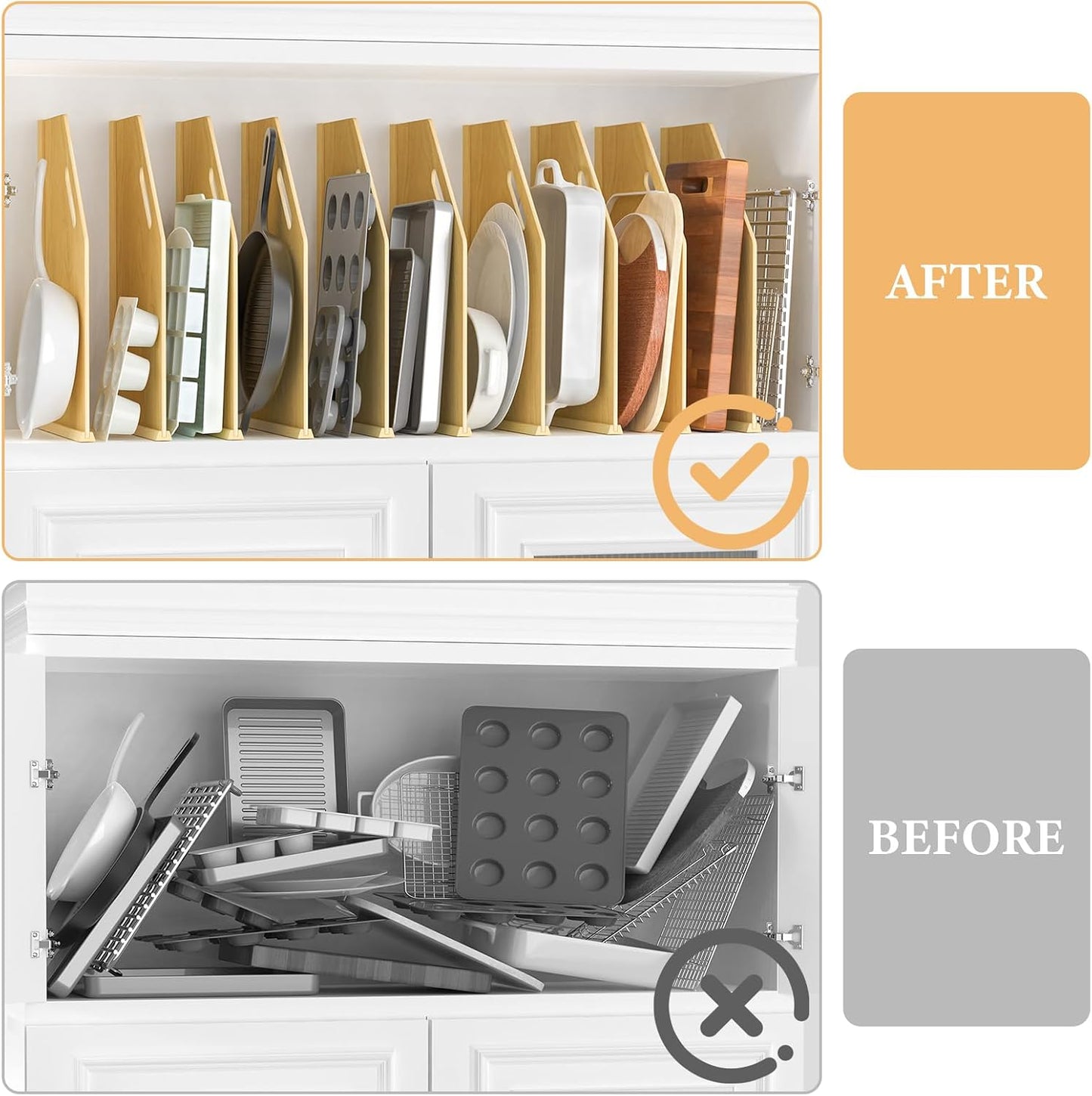 4 Pack Wood Tray Dividers for Cabinet, Cookie Sheet Organizer for Cabinet | No cutting required, Premium Wood, 2 Assembly Methods, Kitchen Cabinet Dividers for Storing pans, Baking tray, Cutting Board