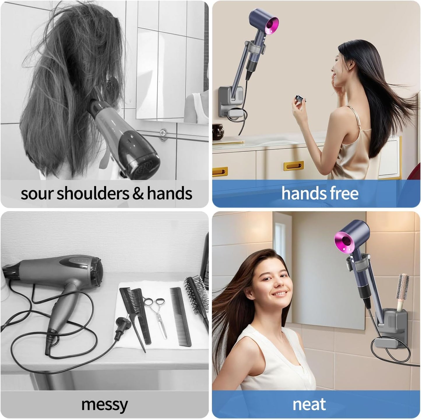 Hands Free Hair Dryer Holder Wall Mount, Adjustable Bathroom Blower Dryer Holder Wall Mounted Hook Rack, Vanity Cabinet Door Hanger Storage, Suitable for Most Walls, Hair Dryers, with Cord Organizer
