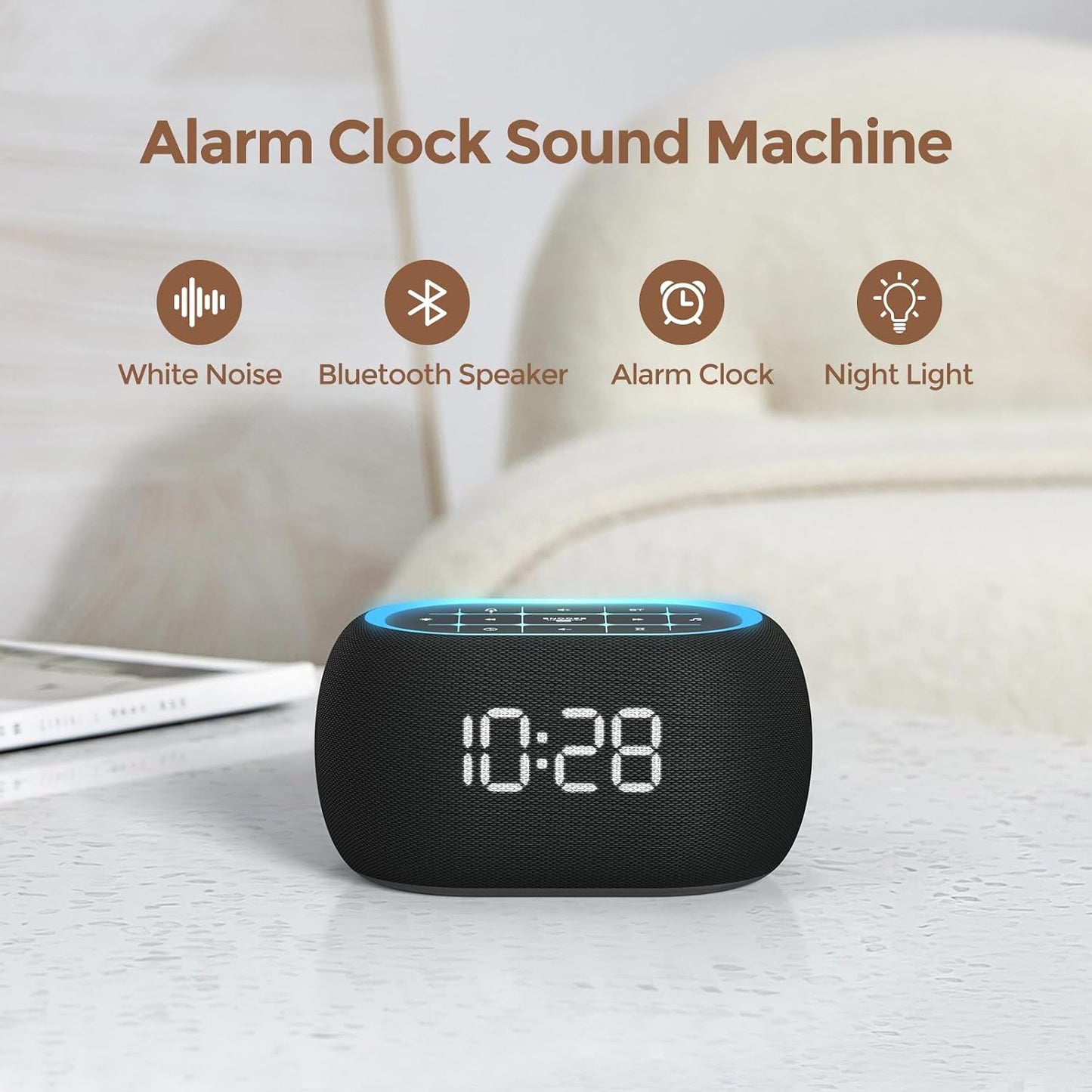 ANJANK White Noise Sound Machine Alarm Clock with Hi-Fi Bluetooth Speaker, 21 Soothing Sounds/7 Night Lights, 0-100% Dimmer/Sleep Timer/Volume Control, Soother for Adults Kids Sleeping, Bedroom, White