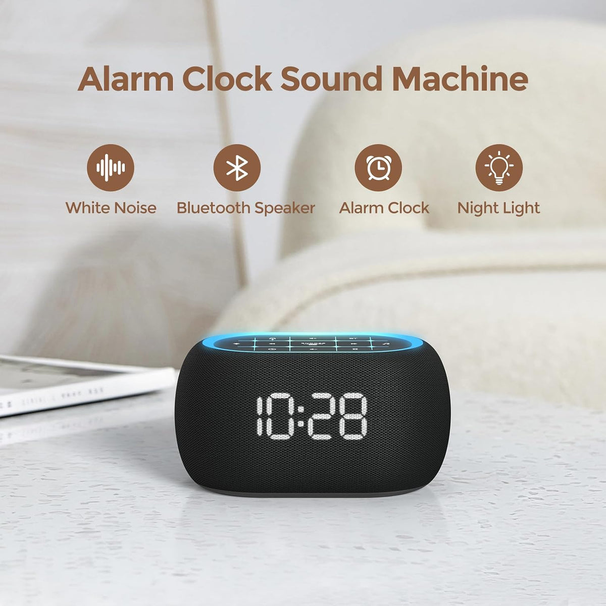 ANJANK White Noise Sound Machine Alarm Clock with Hi-Fi Bluetooth Speaker, 21 Soothing Sounds/7 Night Lights, 0-100% Dimmer/Sleep Timer/Volume Control, Soother for Adults Kids Sleeping, Bedroom, White