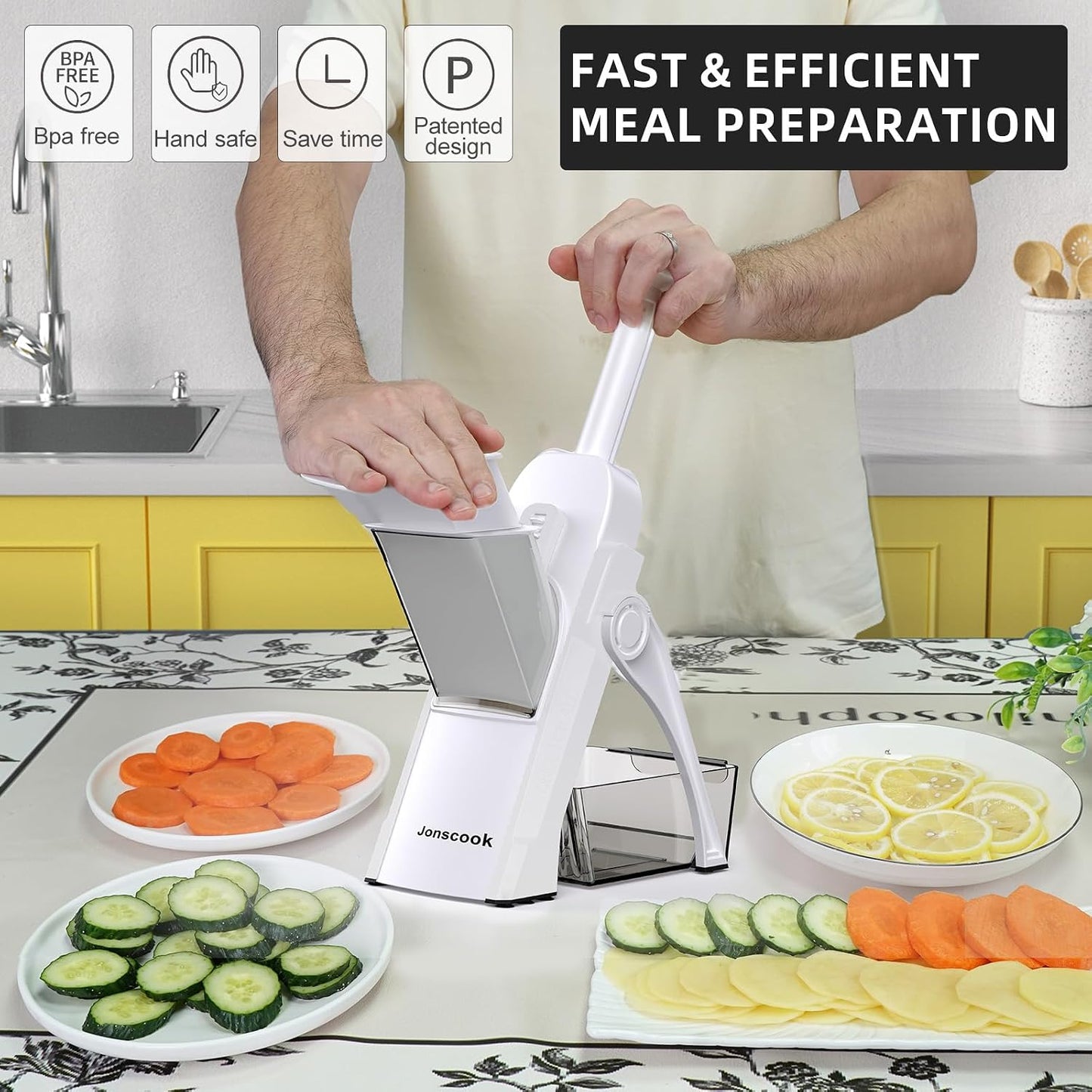 Jonscook All-in-1 Safe Mandoline Slicer for Kitchen, Vegetable Slicer with Container, Adjustable Veggie Mandoline, French Fry Cutter, Potato/Tomato/Onion Slicer, Grater/Cleaning Brush (Black Knight)