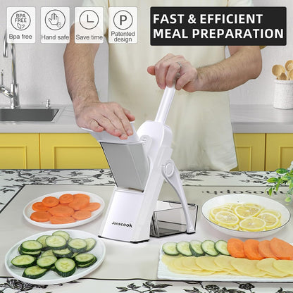 Jonscook All-in-1 Safe Mandoline Slicer for Kitchen, Vegetable Slicer with Container, Adjustable Veggie Mandoline, French Fry Cutter, Potato/Tomato/Onion Slicer, Grater/Cleaning Brush (Black Knight)