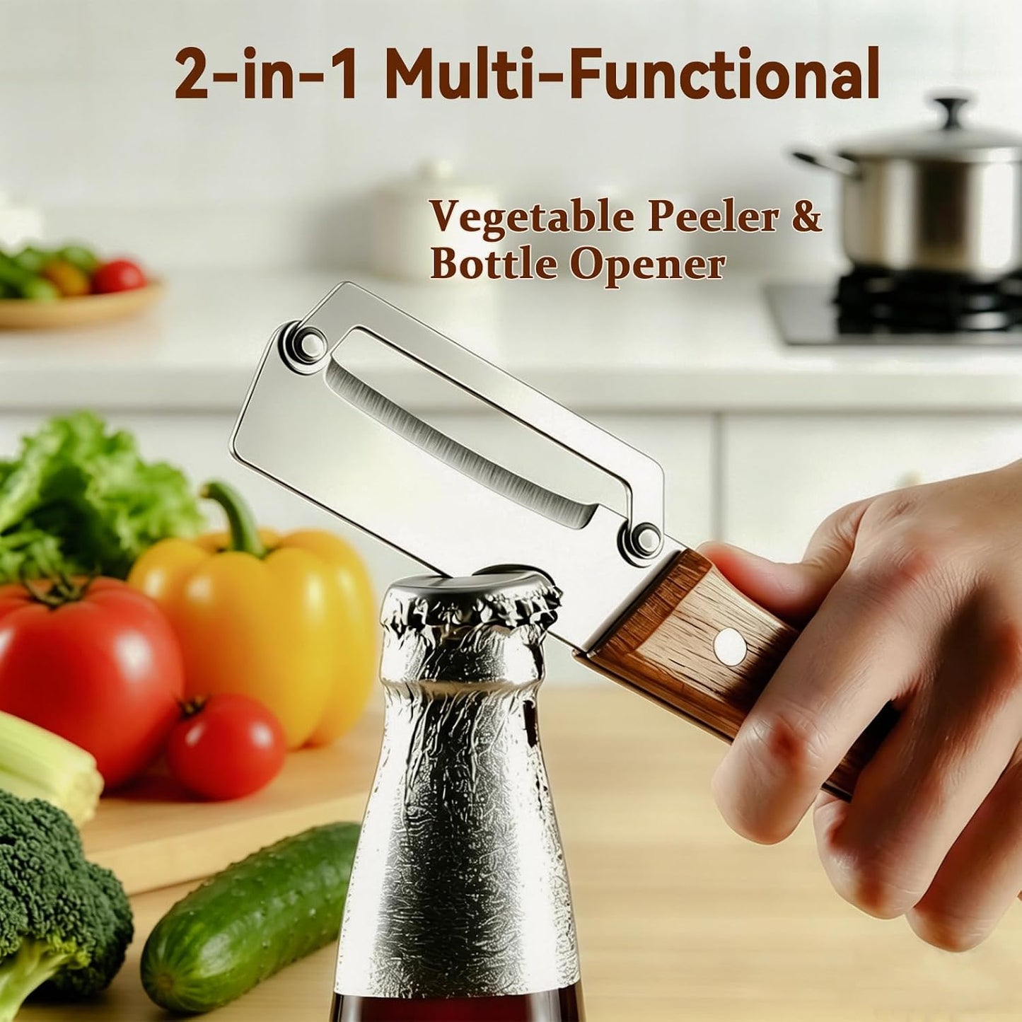Multi-Functional Vegetable Peeler for Kitchen with Wooden Handle and Bottle Opener, 2 in 1 Stainless Steel Veggie Peeler Kitchen Gadgets Tool for Fruit Potato Pumpkin Apple Carrot Papaya