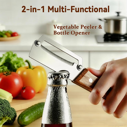 Multi-Functional Vegetable Peeler for Kitchen with Wooden Handle and Bottle Opener, 2 in 1 Stainless Steel Veggie Peeler Kitchen Gadgets Tool for Fruit Potato Pumpkin Apple Carrot Papaya