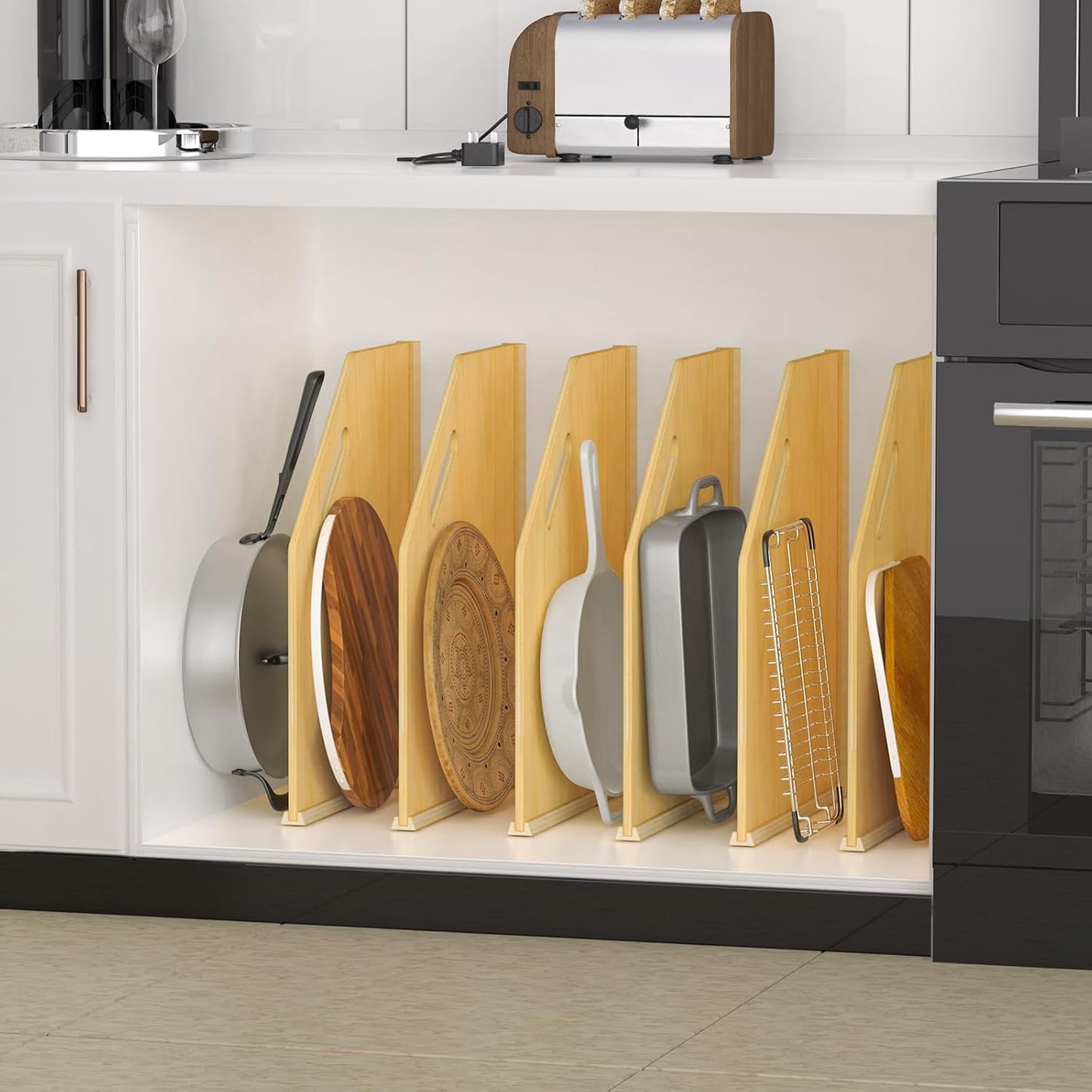 6 Pack Wood Tray Dividers Organizer For Kitchen Cabinet | Adjustable Vertical Cookie Sheet Organizer, Cabinet Dividers Organizer For Pots, Cutting Board, Pans, Lids, Baking Sheets